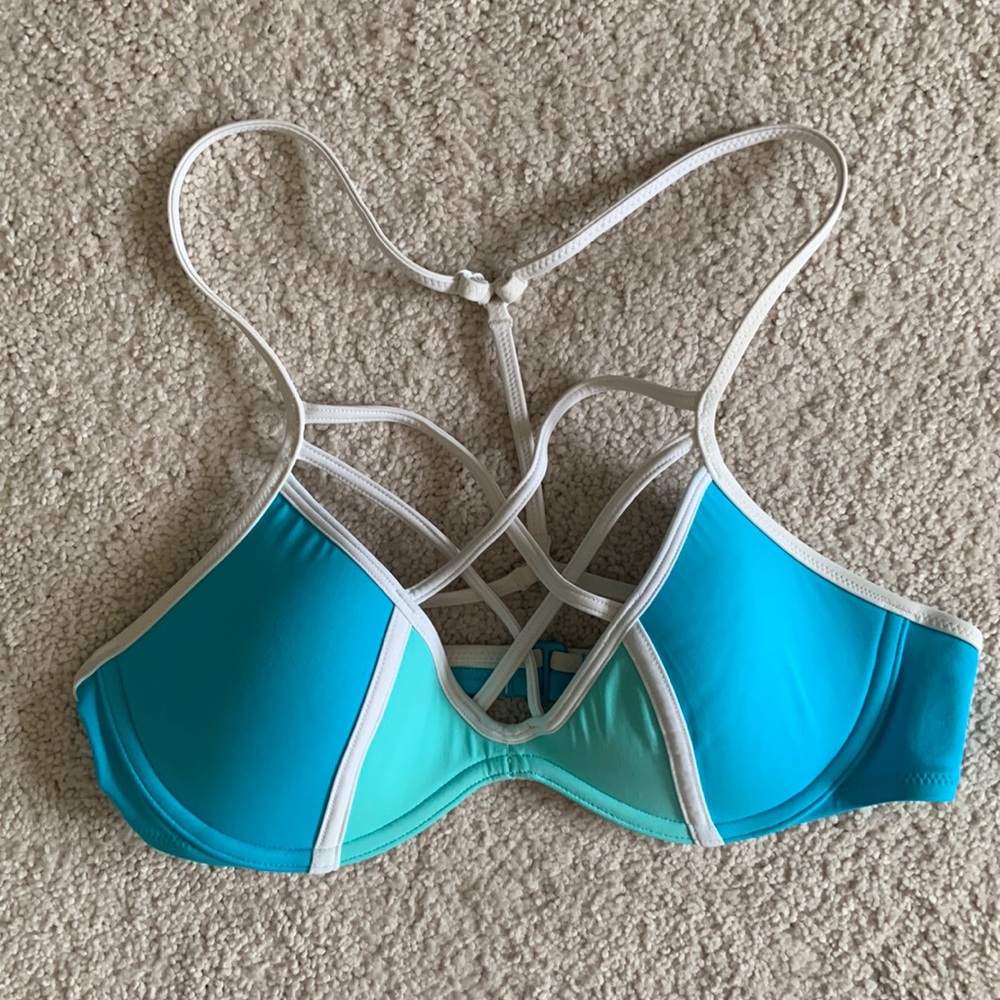 VS Pink Blue Seafoam White Trim Cage Front Strappy Bikini Top